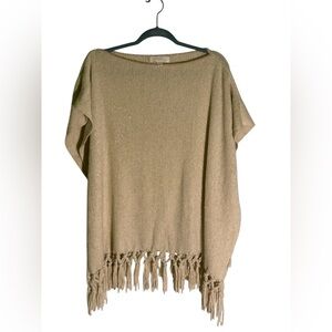Francesca’s Cream Gold Metallic Fringe Poncho Sweater Cape - One Size (OS)